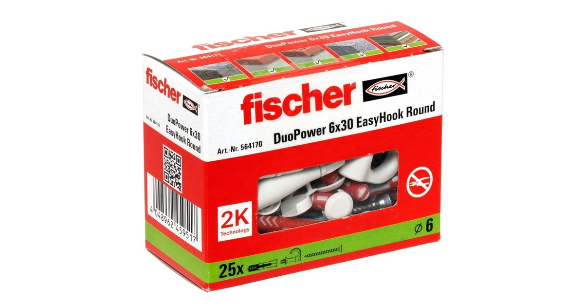 fischer EasyHook Round DuoPower 6x30, Dübel(weiß, 25 Stück, mit EasyHook Rundhaken)