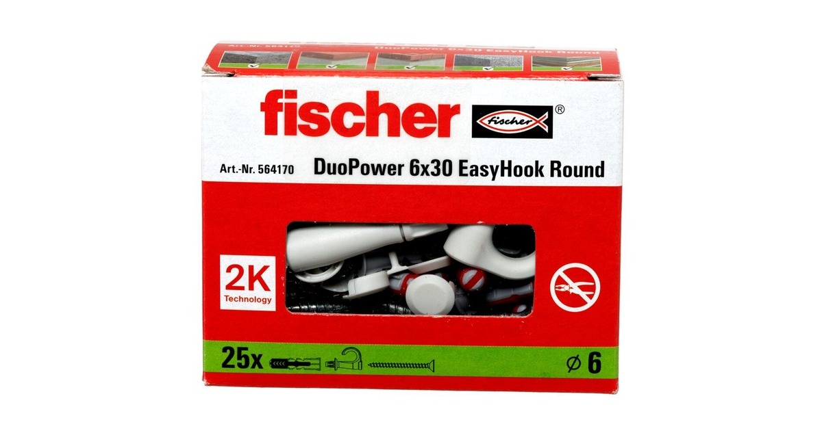 fischer EasyHook Round DuoPower 6x30, Dübel(weiß, 25 Stück, mit EasyHook Rundhaken)