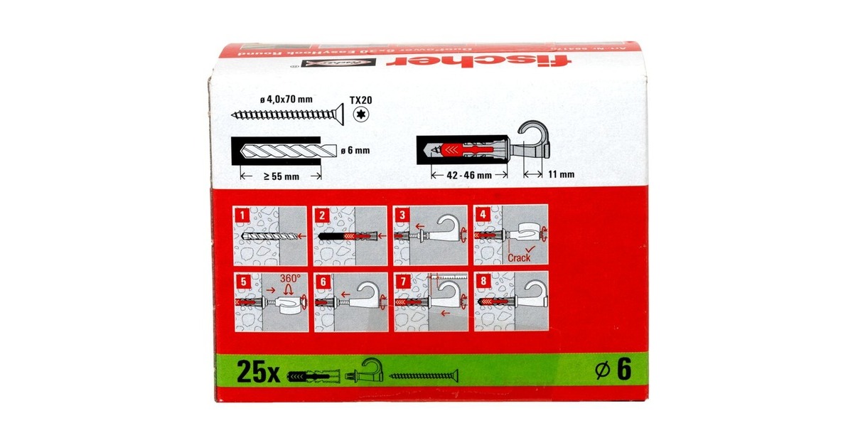 fischer EasyHook Round DuoPower 6x30, Dübel(weiß, 25 Stück, mit EasyHook Rundhaken)