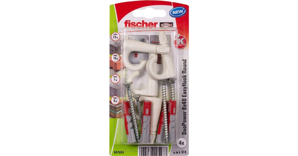 fischer EasyHook Round DuoPower 8x40, Dübel(weiß, 4 Stück, mit EasyHook Rundhaken)