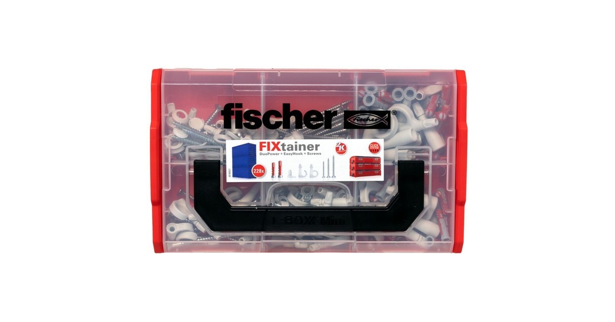 fischer FixTainer DuoPower + EasyHook + Schraube TX, Dübel(weiß, 228-teilig, mit EasyHook Haken)