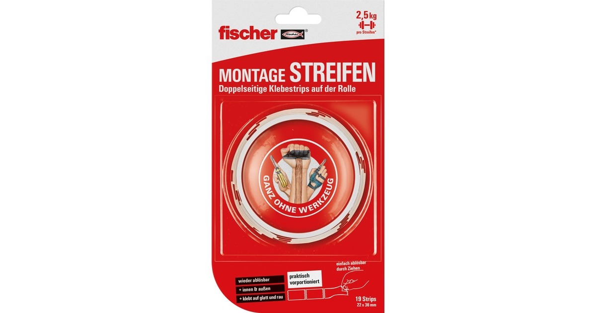 fischer GOW Montagestreifen, 19 Stück, Klebeband(weiß)