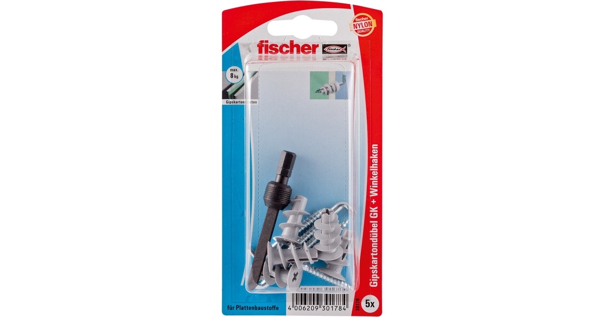 fischer Gipskartondübel GK WH K(hellgrau, 5 Stück, mit Winkelhaken)