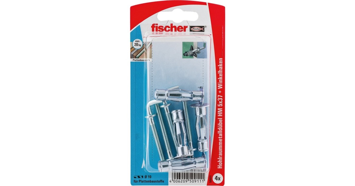 fischer Hohlraum-Metalldübel HM 5x37 H K(silber, 4 Stück, mit Winkelhaken)