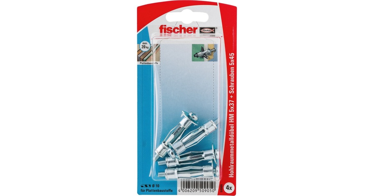 fischer Hohlraum-Metalldübel HM 5x37 S K(silber, 4 Stück, mit Schraube)