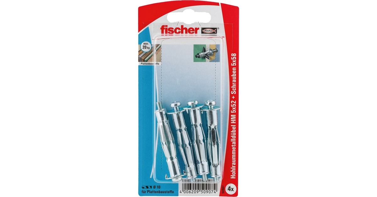 fischer Hohlraum-Metalldübel HM 5x52 SK(silber, 4 Stück, mit Schraube)