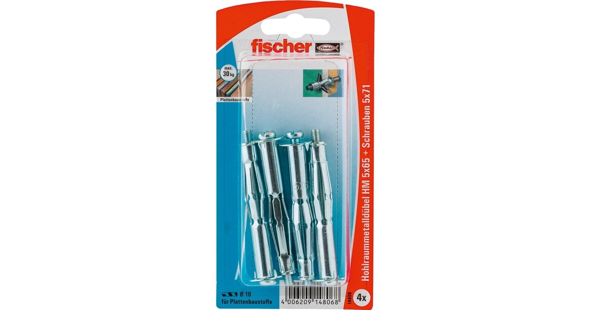 fischer Hohlraum-Metalldübel HM 5x65 S K 4(silber, 4 Stück, mit Schraube)