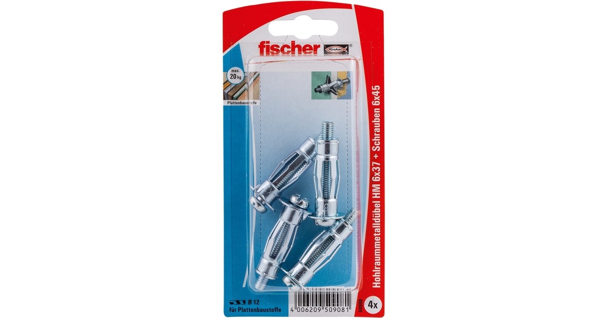 fischer Hohlraum-Metalldübel HM 6x37 S K(silber, 4 Stück, mit Schraube)
