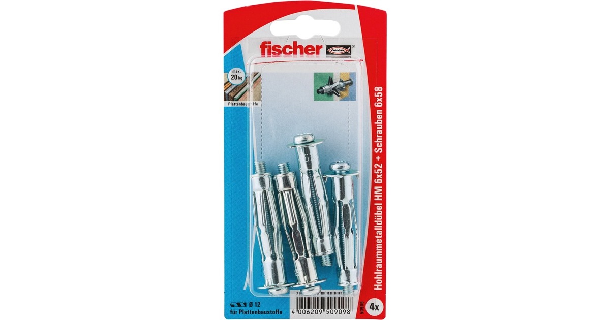 fischer Hohlraum-Metalldübel HM 6x52 S K(silber, 4 Stück, mit Schraube)