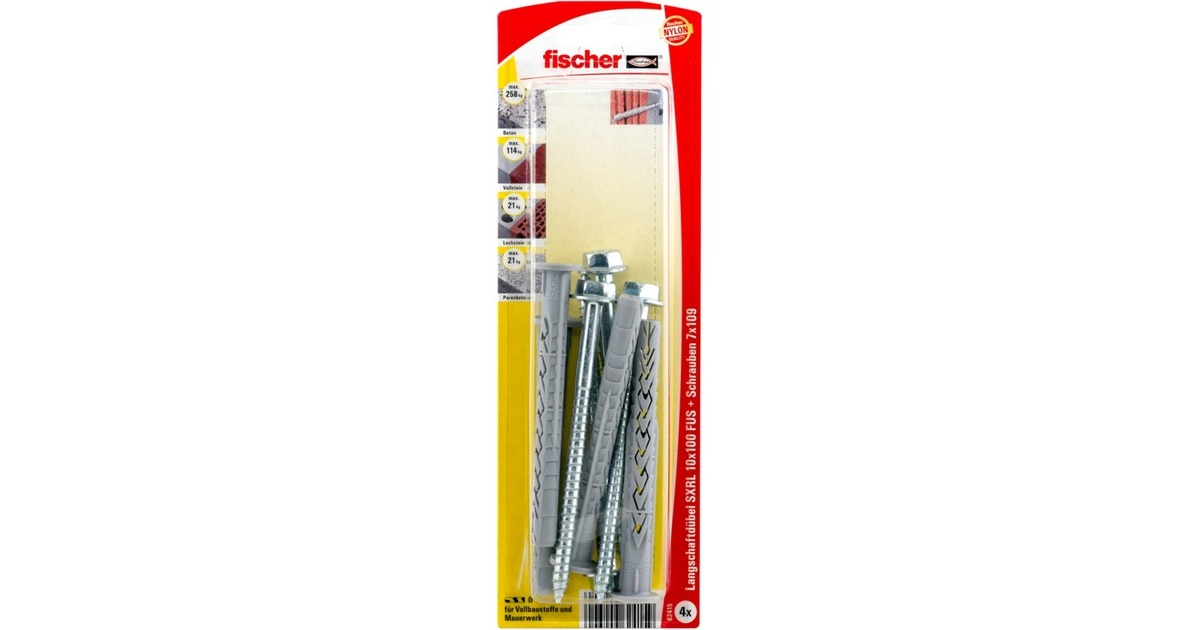 fischer Langschaftdübel SXRL 10x100 FUS K(hellgrau, 4 Stück, mit Schraube)