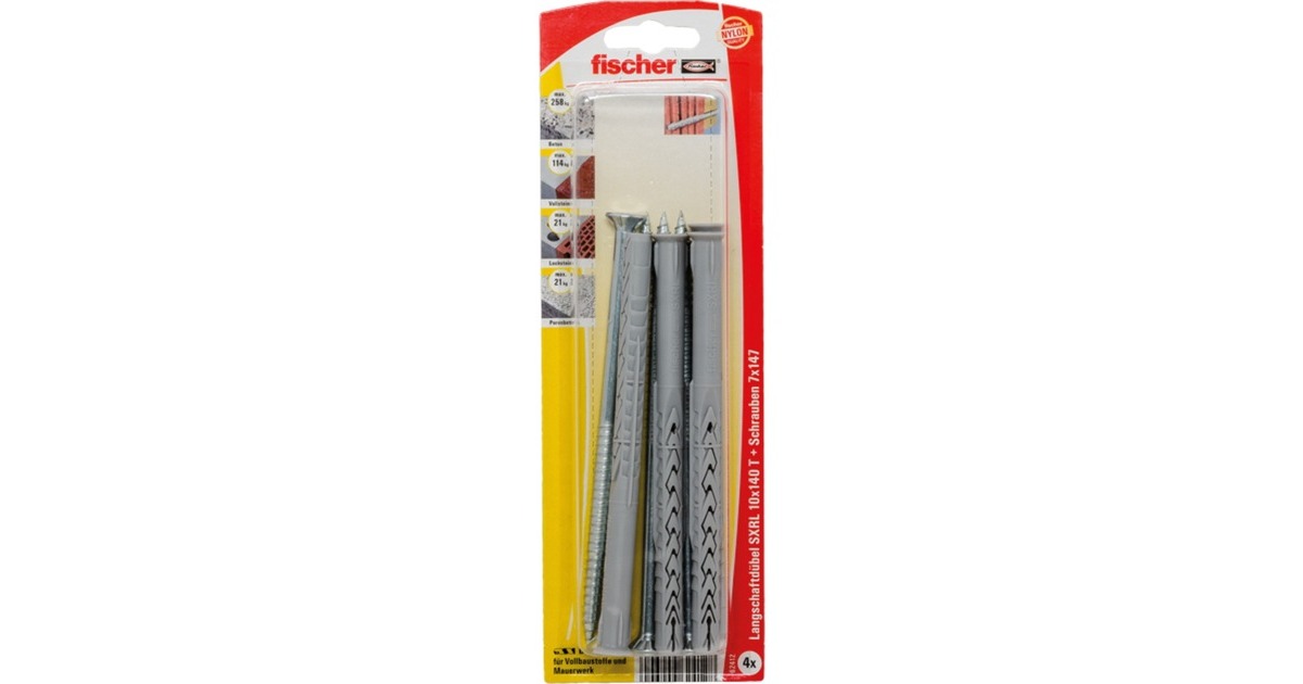 fischer Langschaftdübel SXRL 10x140 T K(hellgrau, 4 Stück, mit Schraube)