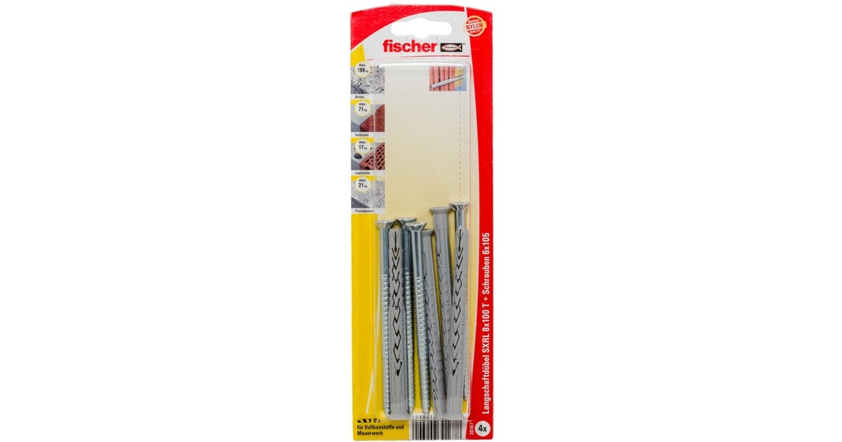 fischer Langschaftdübel SXRL 8x100 T K(hellgrau, 4 Stück, mit Schraube)