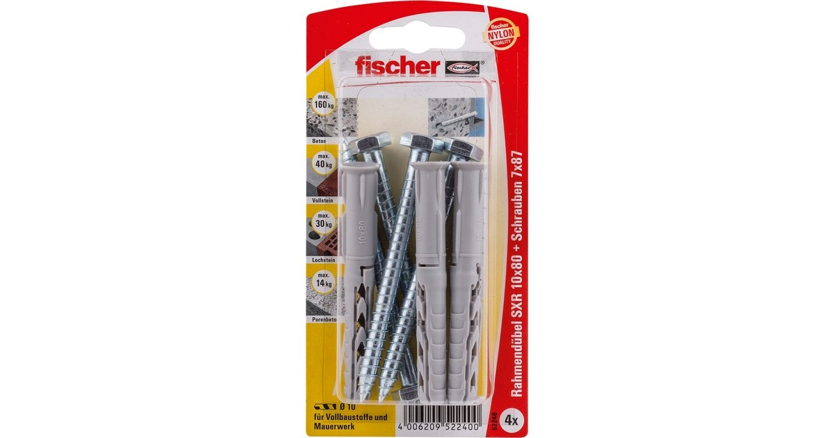 fischer Langschaftdübel SXR 10x80 SS K(hellgrau, 4 Stück, mit Schraube)
