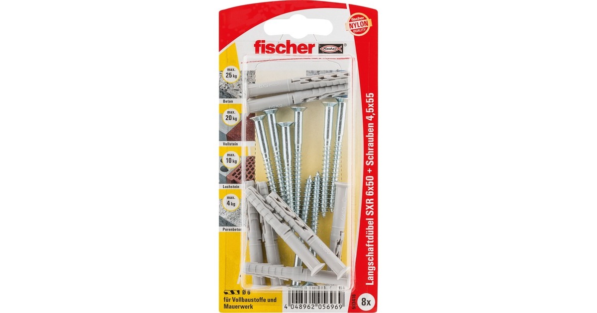 fischer Langschaftdübel SXR 6x50 Z K(hellgrau, 8 Stück, mit Schraube)