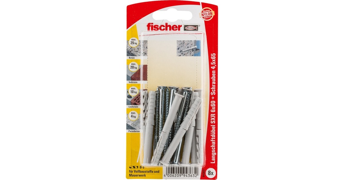 fischer Langschaftdübel SXR 6x60 Z(hellgrau, 8 Stück, mit Schraube)