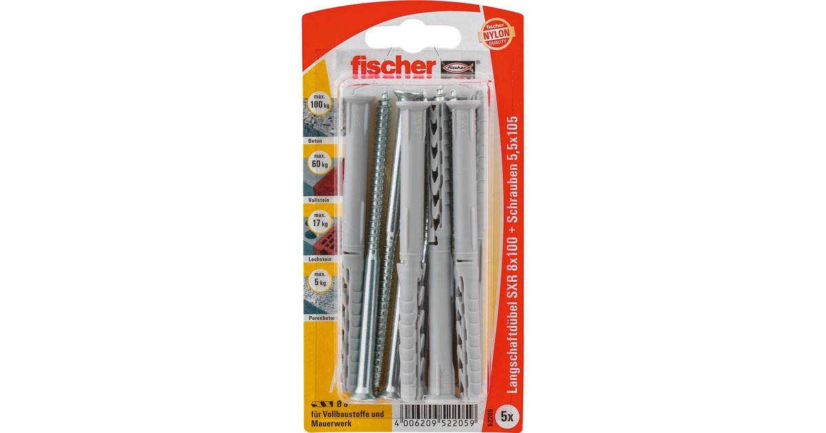 fischer Langschaftdübel SXR 8x100 Z K(hellgrau, 5 Stück, mit Schraube)