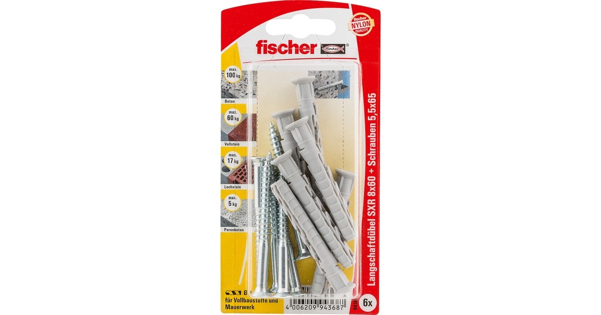 fischer Langschaftdübel SXR 8x60 Z K(hellgrau, 6 Stück, mit Schraube)