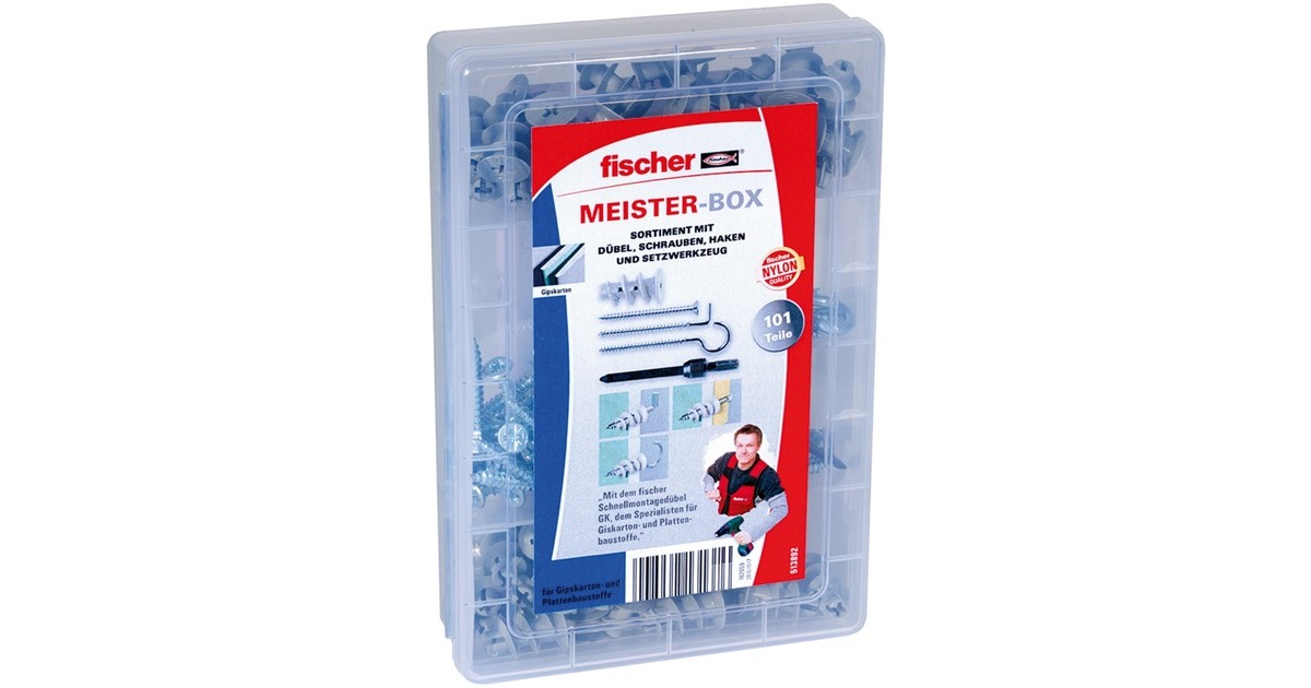 fischer Meister-Box GK + Schrauben + Haken, Dübel(hellgrau, 100-teilig, mit Setzwerkzeug)