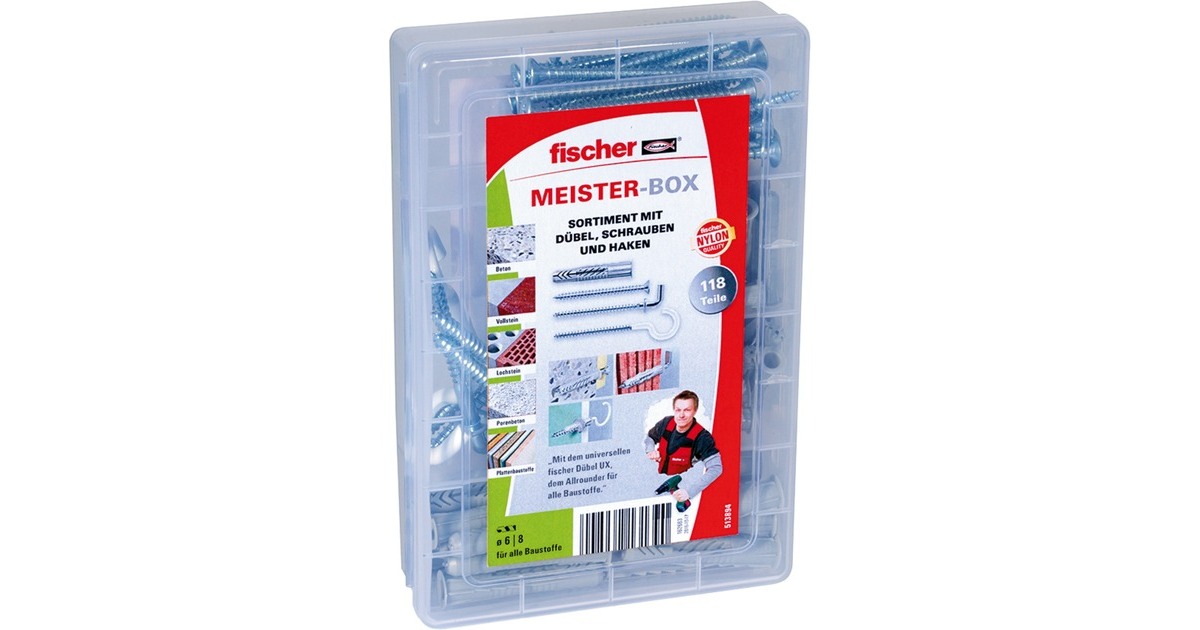 fischer Meister-Box UX mit Schrauben und Haken, Dübel(hellgrau, 118-teilig)