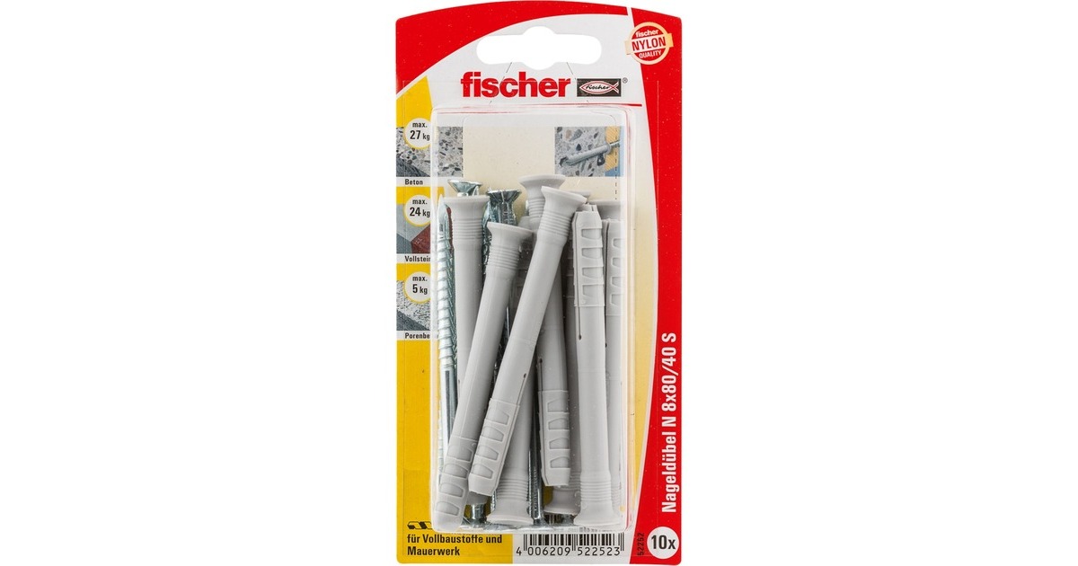 fischer Nageldübel N 8x80/40 S K(grau, 10 Stück, mit Schraube)