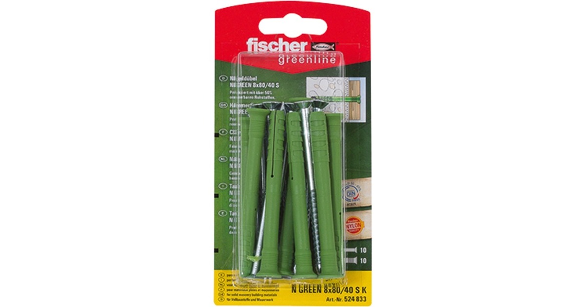 fischer Nageldübel N GREEN 8x80/50 S K(grün, 10 Stück, mit Schraube)