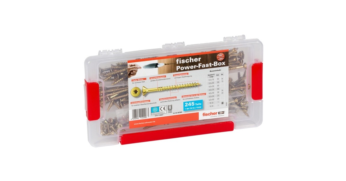 fischer Power-Fast Box, Schrauben-Set(245-teilig, mit 2 Bits)