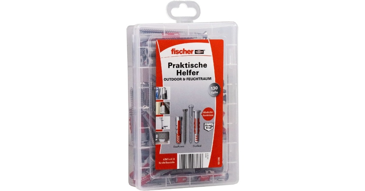 fischer Praktische Helfer Outdoor & Feuchtraum, Edelstahl, Dübel(hellgrau/rot, 130-teilig)