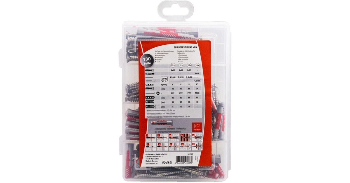 fischer Praktische Helfer Outdoor & Feuchtraum, Edelstahl, Dübel(hellgrau/rot, 130-teilig)