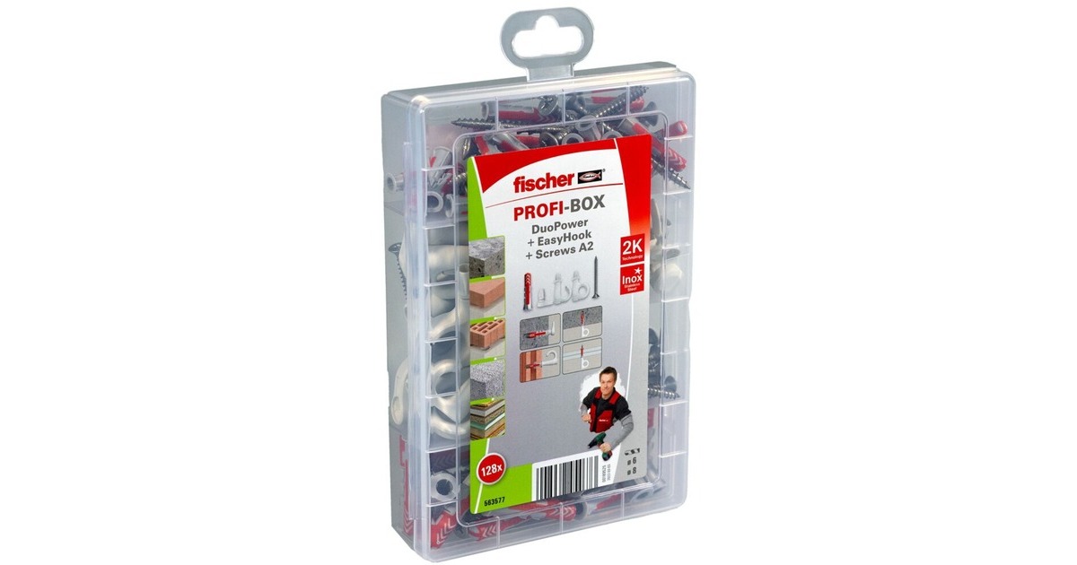 fischer ProfiBox DuoPower + EasyHook + Schraube A2, Dübel(weiß, 128-teilig, mit EasyHook Haken)