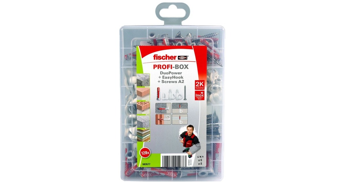 fischer ProfiBox DuoPower + EasyHook + Schraube A2, Dübel(weiß, 128-teilig, mit EasyHook Haken)