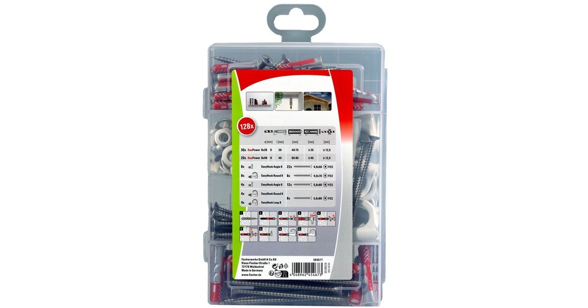 fischer ProfiBox DuoPower + EasyHook + Schraube A2, Dübel(weiß, 128-teilig, mit EasyHook Haken)