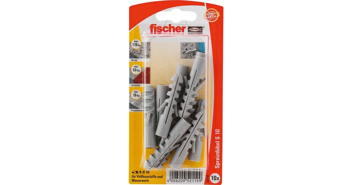 fischer Spreizdübel Dübel S 10 K(grau, 10 Stück)