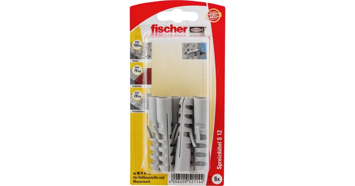fischer Spreizdübel Dübel S 12 K(grau, 6 Stück)
