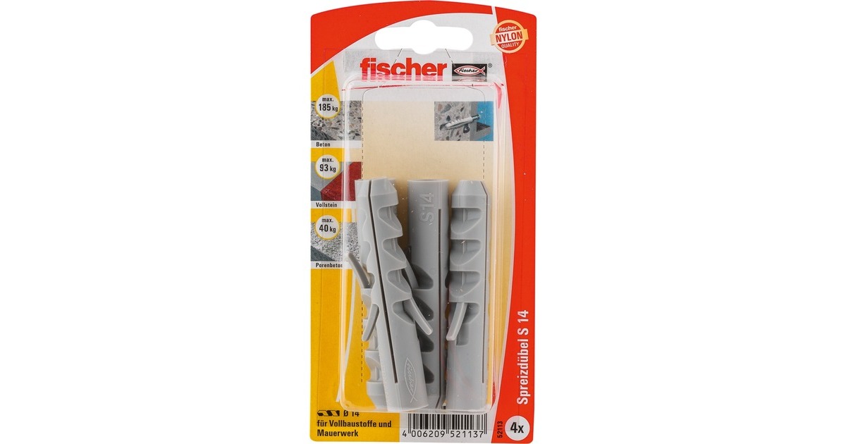 fischer Spreizdübel Dübel S 14 K(grau, 4 Stück)