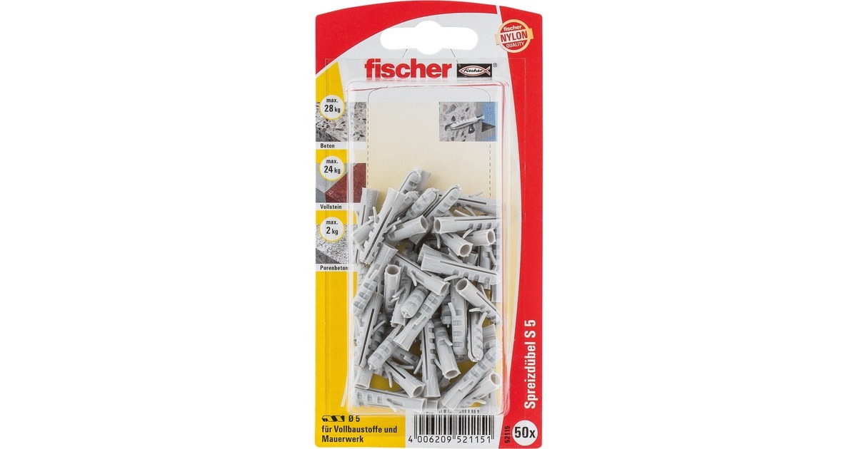 fischer Spreizdübel Dübel S 5 K(grau, 50 Stück)