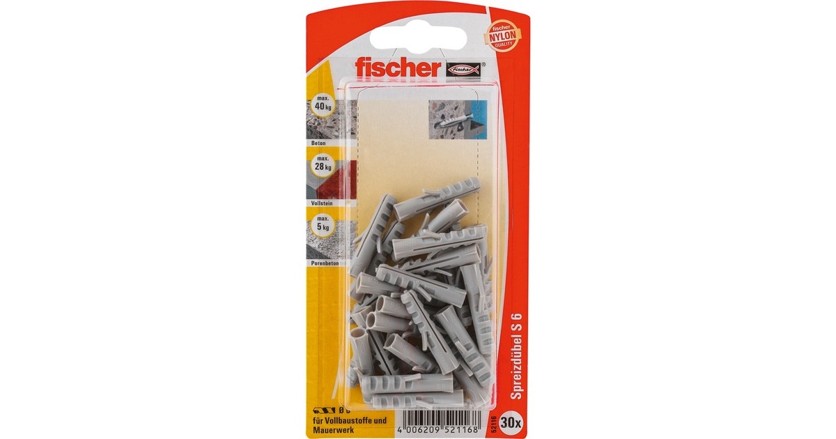 fischer Spreizdübel Dübel S 6 K(grau, 30 Stück)