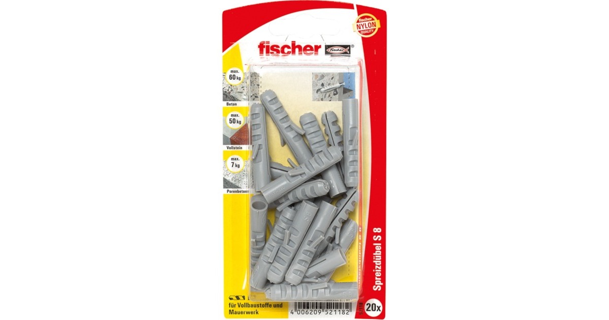 fischer Spreizdübel Dübel S 8 K(grau, 20 Stück)