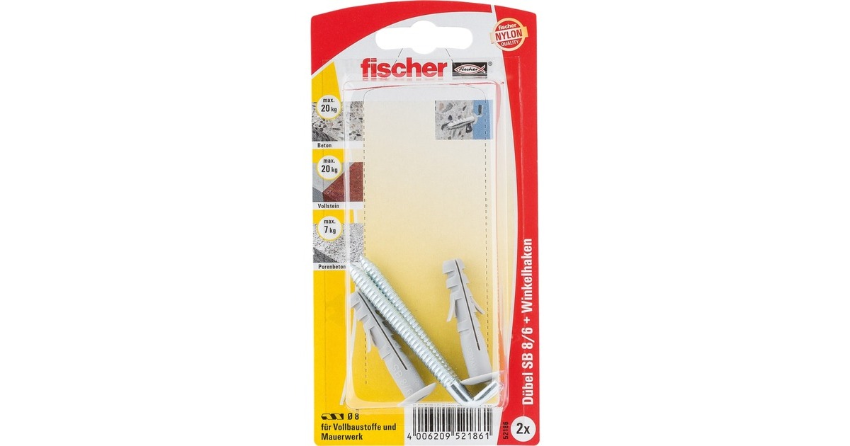 fischer Spreizdübel SB 8/6 K(grau, 2 Stück, mit Winkelhaken)