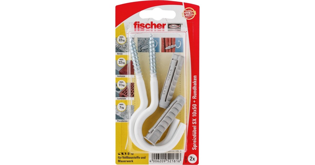 fischer Spreizdübel SX 10x50 HN K(hellgrau, 2 Stück, mit Rundhaken (nylonbeschichtet, weiß))
