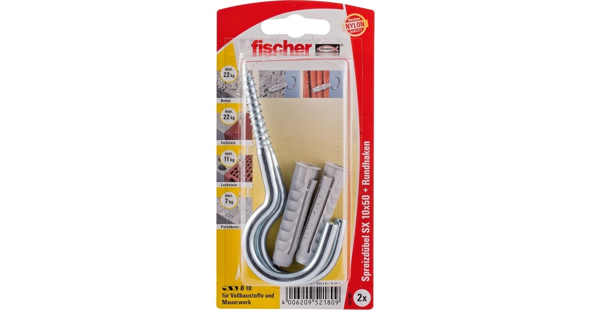 fischer Spreizdübel SX 10x50 HV K(hellgrau, 2 Stück, mit Rundhaken)