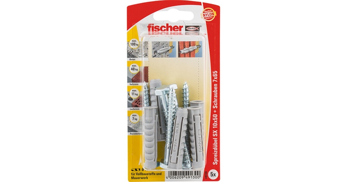 fischer Spreizdübel SX 10x50 S K(hellgrau, 5 Stück, mit Schraube)