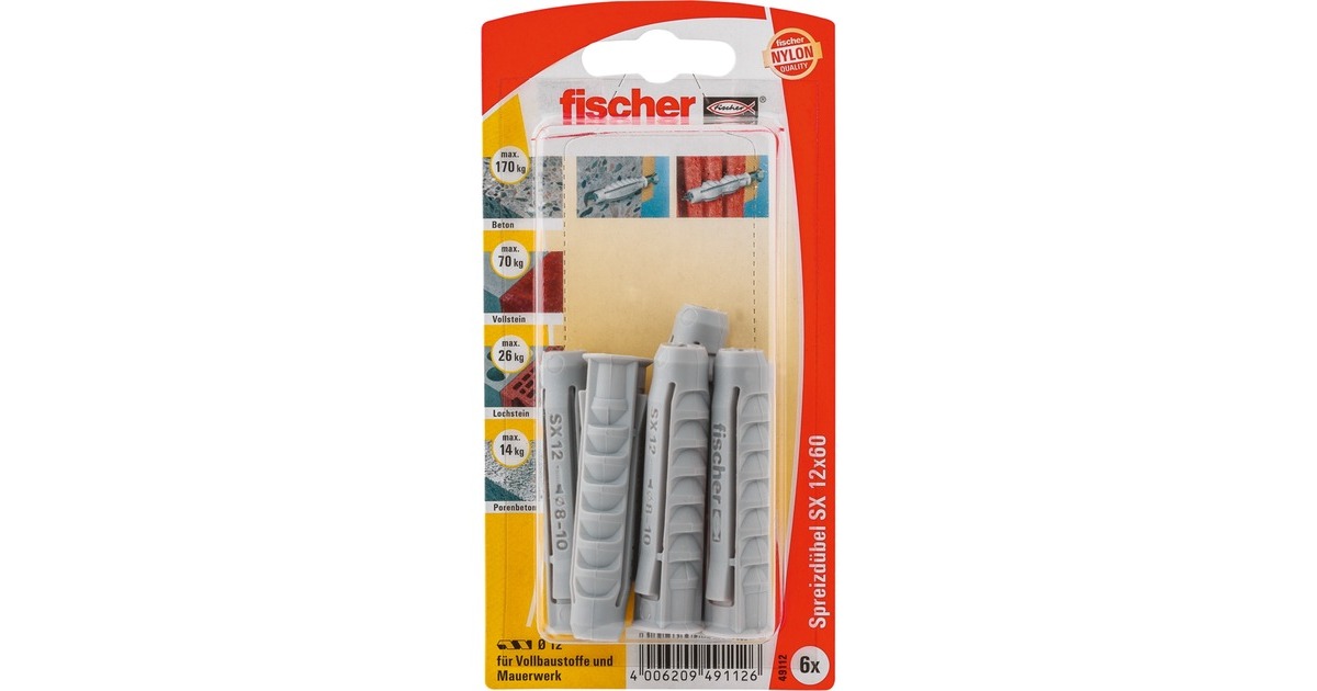 fischer Spreizdübel SX 12x60 K(hellgrau, 6 Stück)