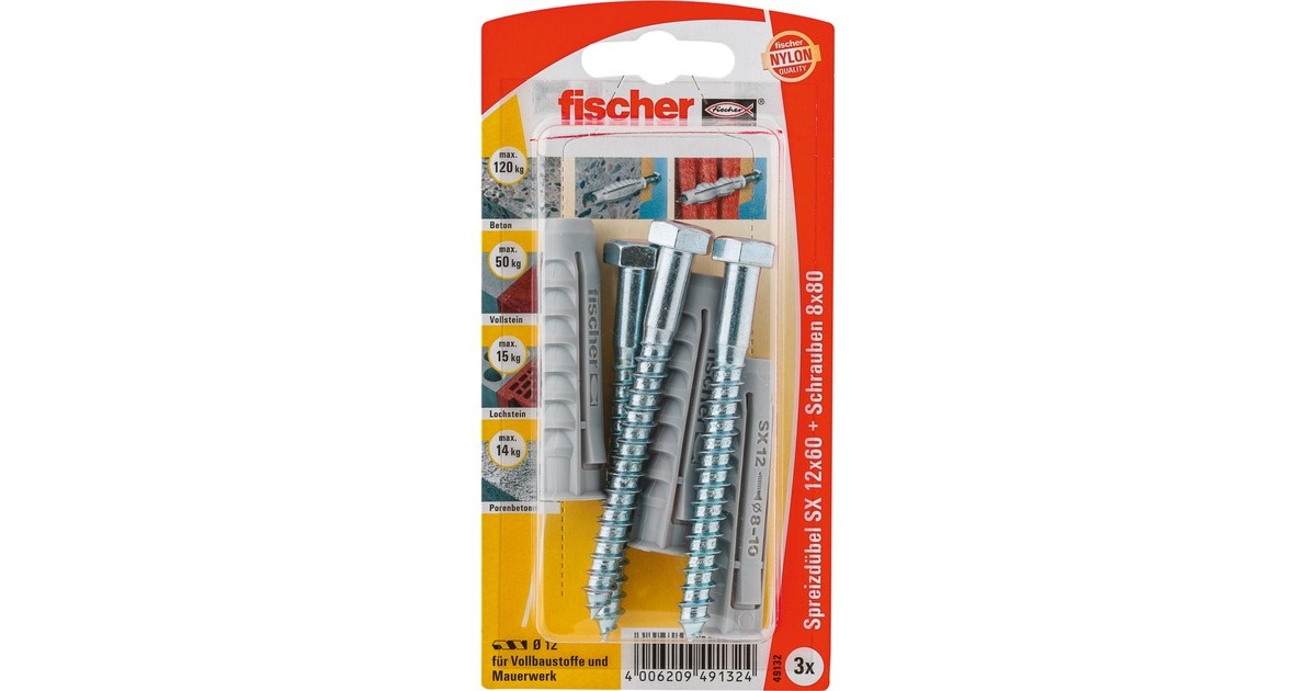 fischer Spreizdübel SX 12x60 S K(hellgrau, 3 Stück, mit Schraube)