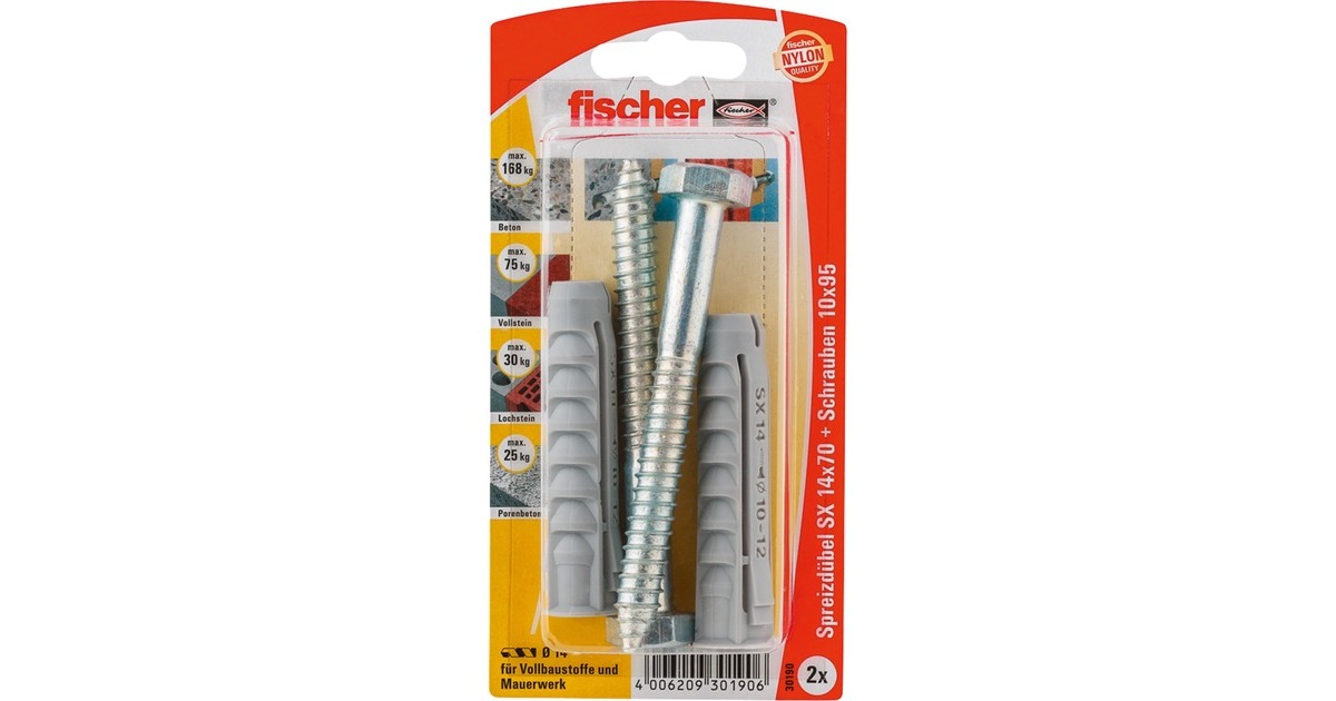 fischer Spreizdübel SX 14x70 S K(hellgrau, 2 Stück, mit Schraube)