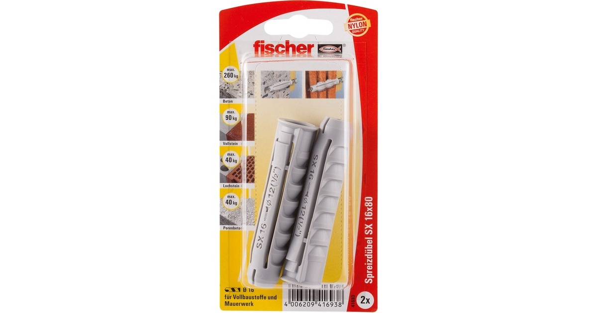 fischer Spreizdübel SX 16x80 K(hellgrau, 2 Stück)