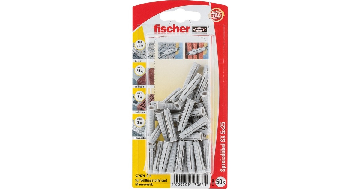 fischer Spreizdübel SX 5x25 K 50(hellgrau, 50 Stück)