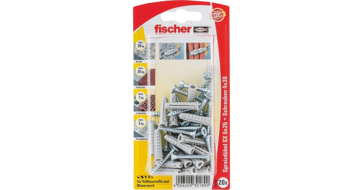fischer Spreizdübel SX 5x25 S K(hellgrau, 20 Stück, mit Schraube)