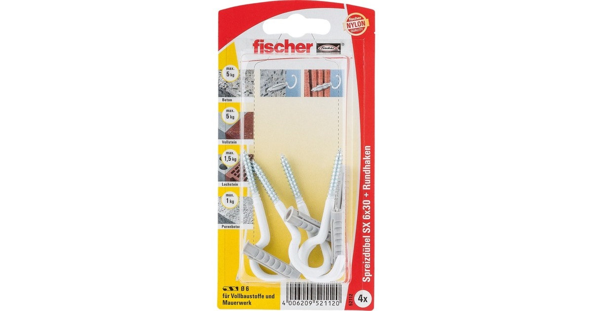 fischer Spreizdübel SX 6x30 RH K(hellgrau, 4 Stück, mit Rundhaken (nylonbeschichtet, weiß))
