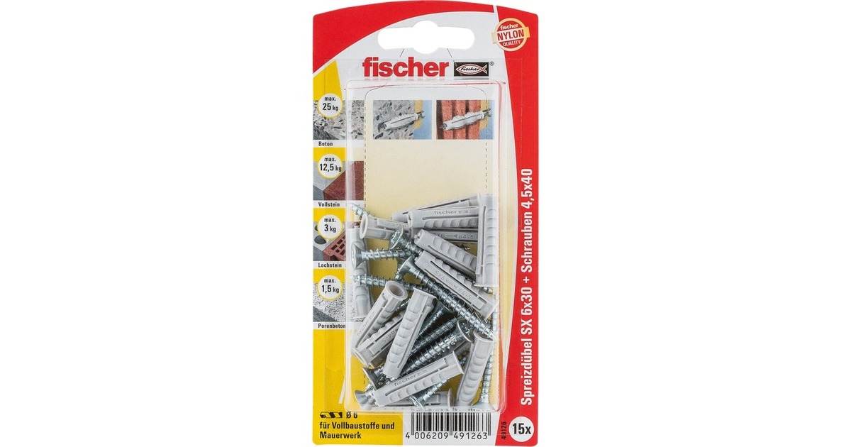 fischer Spreizdübel SX 6x30 S K(hellgrau, 15 Stück, mit Schraube)