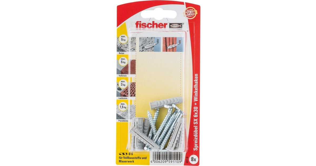 fischer Spreizdübel SX 6x30 WH K(hellgrau, 8 Stück, mit Winkelhaken)